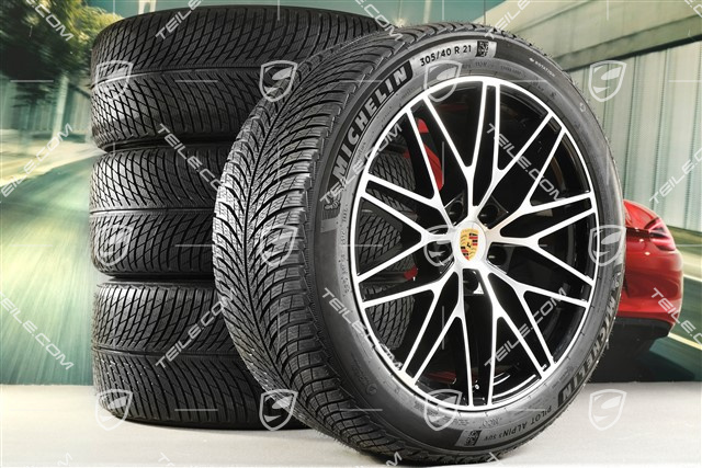 21" Cayenne COUPE "RS Spyder Design" Winterräder Satz, Felgen 9,5J x 21 ET46 + 11,0J x 21 ET49 + Michelin Pilot Alpin 5 SUV Winterreifen 285/45 R21 + 305/40 R21, mit RDK-Sensoren, schwarz hochglanz mit glanzgedrehten Stirnflächen