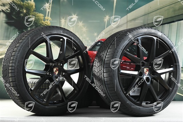 21" Panamera SportDesign Winterräder Satz, Felgen 9,5J x 21 ET71 + 10,5J x 21 ET71 + NEUE Continental Winterreifen 275/35 R21 + 315/30 R21, Schwarz Seidenmatt