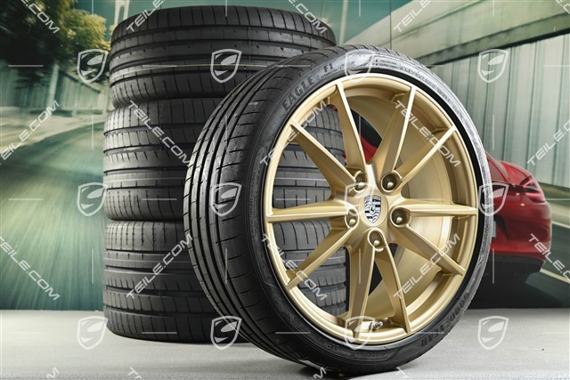 20"+21" Sommerräder Satz Carrera S, Felgen 8,5J x 20 ET53 + 11,5J x 21 ET67 + Sommerreifen 245/35 R20 + 305/30 R21, mit RDK-Sensoren, Aurum seidenmatt