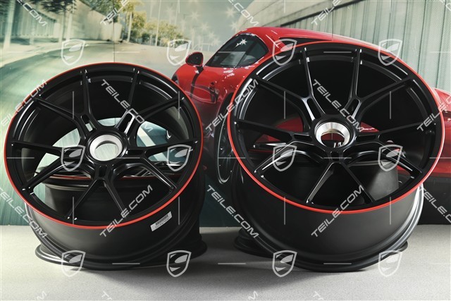 20"+21" GT3 komplet felg, 9,5J x 20 ET46 + 12J x 21 ET45, czarny satynowy półmat + czerwony rant