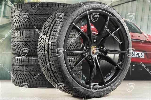 20" Carrera S koła zimowe, komplet do Cayman GT4 / Boxster Spyder, felgi 8J x 20 ET57 + 10J x 20 ET45 + NOWE opony zimowe Michelin 235/35 R20 + 275/30 R20, czarne (satynowy półmat), z czujnikami ciśnienia