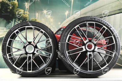 20+21" 911 Turbo S koła zimowe, komplet, felgi 8,5J x 20 ET40 + 11,5 x 21 ET62 + NOWE opony zimowe Michelin 245/35 R20 + 315/30 R21, czarny wysoki połysk + frezowana powierzchnia ramion