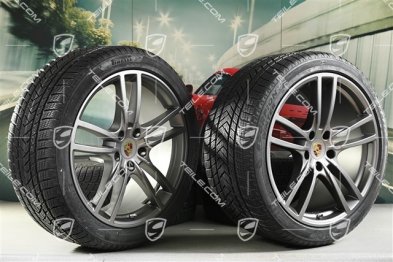 21" koła zimowe Cayenne COUPÉ Turbo Design, komplet, felgi 9,5J x 21 ET46 + 11,0J x 21 ET49 + opony zimowe Pirelli 275/40 R21 + 305/35 R21, z czujnikami ciśnienia, platinum satynowy półmat