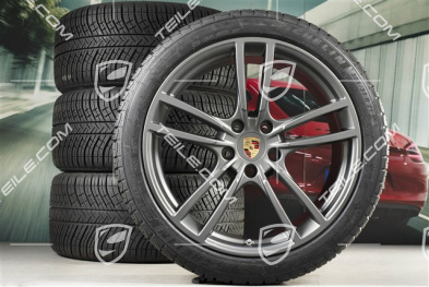 21" koła zimowe Cayenne Turbo, komplet, felgi 9,5J x 21 ET46 + 11,0J x 21 ET58 + NOWE opony zimowe Michelin 275/40 R21 + 305/35 R21, z czujnikami ciśnienia, Platinum półmat satyna