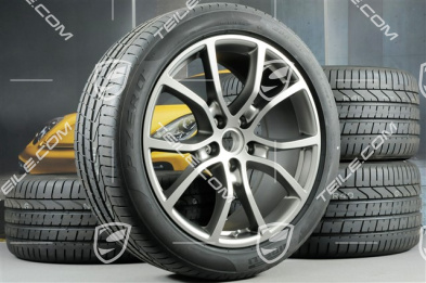 21" koła letnie Cayenne Exclusive Design, komplet, felgi 9,5J x 21 ET46 + 11,0J x 21 ET58 + NOWE opony letnie Pirelli P Zero 285/40 R21 + 315/35 R21, z czujnikami ciśnienia, Platinum półmat satyna