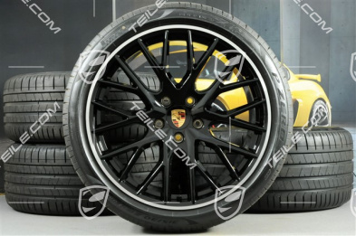 21" Panamera SportDesign Sommerräder, Felgen 9,5J x 21 ET71 + 11,5J x 21 ET69 + NEUE Pirelli Sommerreifen 275/35 ZR21 + 315/30 ZR21, mit RDK-Sensoren, Felgenstern in Schwarz Hochglanz