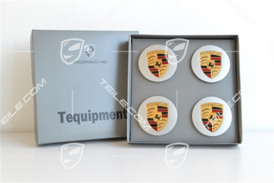Radzierdeckel Satz (4 Stück), in Silber mit farbigem Porsche Wappen