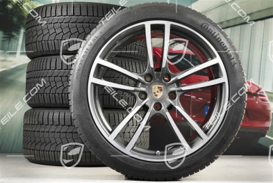21" koła zimowe Cayenne Turbo, komplet, felgi 9,5J x 21 ET46 + 11,0J x 21 ET58 + NOWE opony zimowe Continental 275/40 R21 + 305/35 R21, z czujnikami ciśnienia, Titanium