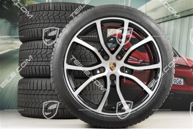 21" koła zimowe Cayenne Exclusive Design, komplet, felgi 9,5J x 21 ET46 + 11,0J x 21 ET58 + opony zimowe Continental 275/40 R21 + 305/35 R21, z czujnikami ciśnienia, czarny wysoki połysk + polerowana powierzchnia