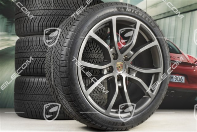 21" koła zimowe Cayenne Exclusive Design, komplet, felgi 9,5J x 21 ET46 + 11,0J x 21 ET58 + NOWE opony zimowe ichelin Pilot Alpin 5 275/40 R21 + 305/35 R21, z czujnikami ciśnienia, Platinum, półmat satyna