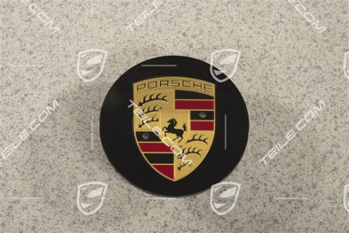 Radzierdeckel, konvex, Porsche Wappen farbig, für Carrera Classic Räder, schwarz hochglanz
