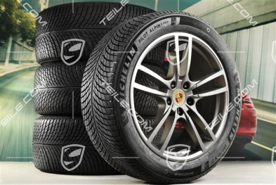 21" koła zimowe Cayenne Turbo Design, komplet, felgi 9,5J x 21 ET46 + 11,0J x 21 ET49 + NOWE opony zimowe Michelin 285/45 R21 + 305/40 R21, z czujnikami ciśnienia, platinum satynowy półmat