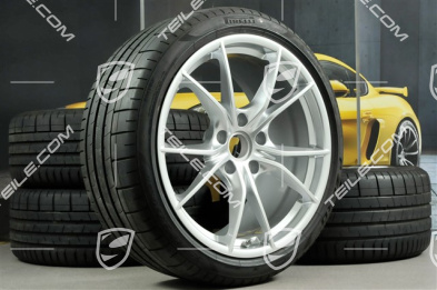 20" Carrera S summer wheel set, rims 8J x 20 ET57 + 10J x 20 ET45 + NEW Pirelli summer tires 235/35 ZR20 + 265/35 ZR20, silver, with TPMS