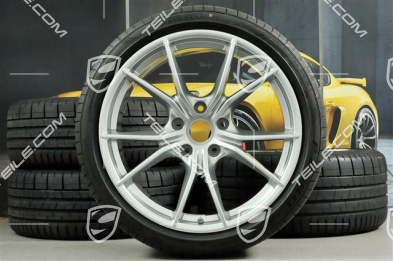 20" Carrera S summer wheel set, rims 8J x 20 ET57 + 10J x 20 ET45 + NEW Pirelli summer tires 235/35 ZR20 + 265/35 ZR20, silver, with TPMS