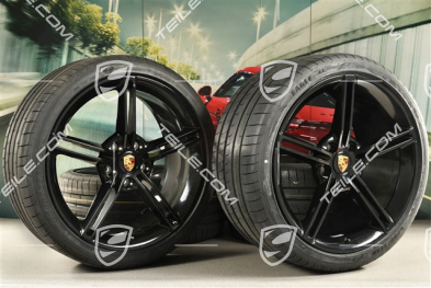 21" Mission E Design Sommerräder Satz, Felgen 9,5J x 21 ET60 + 11,5J x 21 ET66 + Goodyear Sommerreifen 265/35 R21 + 305/30 R21, in Schwarz Hochglanz