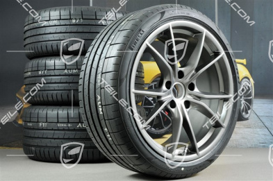 20" Carrera S koła letnie, komplet, felgi 8J x 20 ET57 + 10J x 20 ET45, opony letnie Pirelli 235/35 ZR20 +265/35 ZR20, platynowy satynowy półmat, z czujnikami ciśnienia