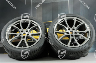 21" koła letnie Cayenne Exclusive Design, komplet, felgi 9,5J x 21 ET46 + 11,0J x 21 ET58 + NOWE opony letnie Pirelli P Zero 285/40 R21 + 315/35 R21, z czujnikami ciśnienia, Platinum półmat satyna