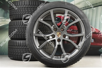 21" koła zimowe Cayenne COUPE Exclusive Design, komplet, felgi 9,5J x 21 ET46 + 11,0J x 21 ET49 + NOWE opony zimowe Continental 275/40 R21 + 305/35 R21, z czujnikami ciśnienia, Platinum satynowy półmat