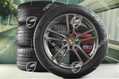 21-inch Cayenne Turbo Design summer wheel set, rims 9,5J x 21 ET46 + 11,0J x 21 ET58 + NEW Pirelli P Zero summer tyres 285/40 R21 + 315/35 R21, with TPMS, Platinum satin mat