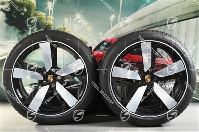 22" "Macan Sport" koła letnie, komplet, felgi 9J x 22 ET29 + 11J x 22 ET47 + NOWE opony letnie Goodyear 255/40 R22 + 295/35 R22, czarny wysoki połysk