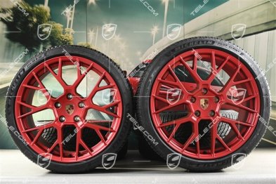 20"+21" RS Spyder Design, koła zimowe, komplet, felgi 8,5J x 20 ET50 + 11J x 21 ET82 + NOWE opony zimowe Michelin 245/35 R20 + 305/30 R21, z czujnikami ciśnienia, czerwone - Pyro Red