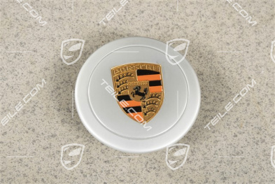 Radzierdeckel, für Innendurchmesser 66 mm, für Fuchs Felgen, eloxiert, silber mit farbigem, geprägten Porsche Wappen (orange)