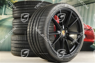 20"+21" Sommerräder Satz Carrera S, Felgen 8,5J x 20 ET53 + 11,5J x 21 ET67 + NEUE Goodyear Sommerreifen 245/35 R20 + 305/30 R21, mit RDK-Sensoren, schwarz seidenmatt