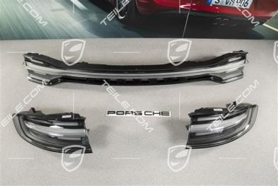 LED lampy tylne, zestaw z blendą klapy, ciemne/czarne, komplet: lewa+prawa+środkowa, czarny napis „PORSCHE"