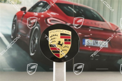 Radzierdeckel, konvex, Porsche Wappen farbig, für Carrera Classic Räder, schwarz hochglanz