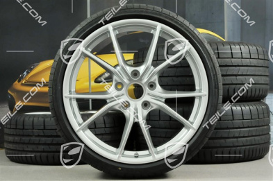 20" Carrera S summer wheel set, rims 8J x 20 ET57 + 10J x 20 ET45 + NEW Pirelli summer tires 235/35 ZR20 + 265/35 ZR20, silver, with TPMS