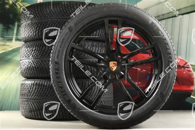 21" koła zimowe Cayenne Turbo, komplet, felgi 9,5J x 21 ET46 + 11,0J x 21 ET58 + NOWE opony zimowe Michelin 285/45 R21 + 305/40 R21, z czujnikami ciśnienia, czarny wysoki połysk