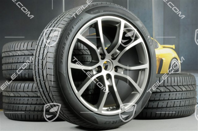 21" koła letnie Cayenne Exclusive Design, komplet, felgi 9,5J x 21 ET46 + 11,0J x 21 ET58 + NOWE opony letnie Pirelli P Zero 285/40 R21 + 315/35 R21, z czujnikami ciśnienia, Platinum półmat satyna