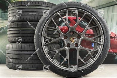 20"+21" koła letnie, komplet RS Spyder Design, felgi 8,5J x 20 ET53 + 11,5J x 21 ET67 + NOWE opony letnie Goodyear 245/35 R20 + 305/30 R21, z czujnikami ciśnienia, Platinum satynowy półmat