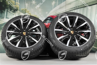 20" koła zimowe Taycan Tequipment Design, komplet, felgi 9J x 20 ET54 + 11J x 20 ET60, opony zimowe Pirelli 245/45 R20 + 285/40 R20, czarny wysoki połysk