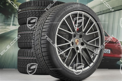 21" koła zimowe Cayenne RS Spyder, komplet, felgi 9,5J x 21 ET46 + 11,0J x 21 ET58 + NOWE opony zimowe Continental 275/40 R21 + 305/35 R21, z czujnikami ciśnienia, Platinum satynowy półmat