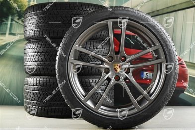 21" koła zimowe Cayenne COUPÉ Turbo Design, komplet, felgi 9,5J x 21 ET46 + 11,0J x 21 ET49 + opony zimowe Pirelli 275/40 R21 + 305/35 R21, z czujnikami ciśnienia, platinum satynowy półmat