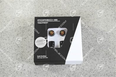 Ventilkappen Schwarz mit farbigem Porsche Wappen / Für Fahrzeuge ohne Reifendruckkontrollsystem RDK