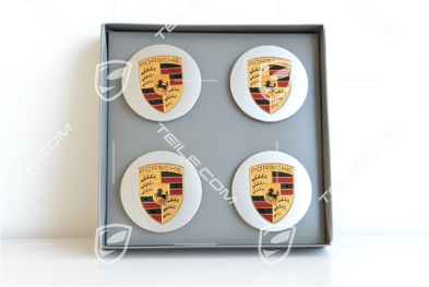 Radzierdeckel Satz (4 Stück), in Silber mit farbigem Porsche Wappen