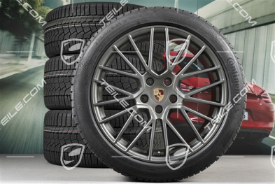 21" koła zimowe Cayenne RS Spyder, komplet, felgi 9,5J x 21 ET46 + 11,0J x 21 ET58 + NOWE opony zimowe Continental 275/40 R21 + 305/35 R21, z czujnikami ciśnienia, Platinum satynowy półmat