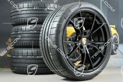 20" Carrera S summer wheels set, rims 8J x 20 ET57 + 10J x 20 ET45 + NEW Pirelli summer tires 235/35 ZR20 + 265/35 ZR20, black (high gloss), with TPMS