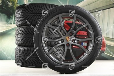 21" koła zimowe Cayenne Exclusive Design, komplet, felgi 9,5J x 21 ET46 + 11,0J x 21 ET49 + NOWE opony zimowe Michelin Pilot Alpin 5 SUV 285/45 R21 + 305/40 R21, z czujnikami ciśnienia, Vesuvius Grey