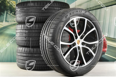 21-inch Cayenne Exclusive Design summer wheel set, rims 9,5J x 21 ET46 + 11,0J x 21 ET58 + NEW Pirelli P Zero summer tyres 285/45 R21 + 315/40 R21, with TPMS, Jet Black Metallic