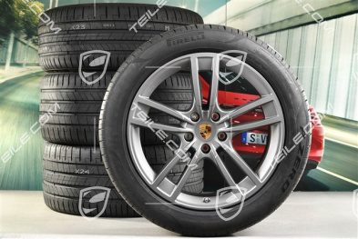 21" koła letnie Cayenne Turbo Design, komplet, felgi 9,5J x 21 ET46 + 11,0J x 21 ET49 + NOWE opony letnie Pirelli P Zero 285/45 R21 + 315/40 R21, z czujnikami ciśnienia, Vesuvgrau