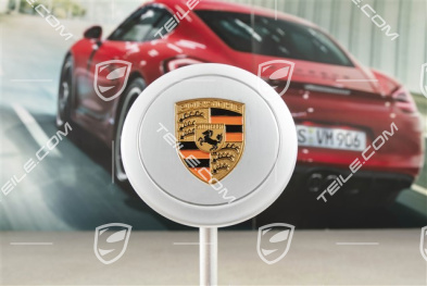 Radzierdeckel, für Innendurchmesser 66 mm, für Fuchs Felgen, eloxiert, silber mit farbigem, geprägten Porsche Wappen (orange)