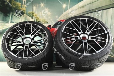 20+21" 911 Turbo S koła zimowe, komplet, felgi 8,5J x 20 ET40 + 11,5 x 21 ET62 + NOWE opony zimowe Michelin 245/35 R20 + 315/30 R21, czarny wysoki połysk + frezowana powierzchnia ramion