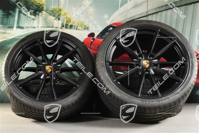 20"+21" Sommerräder Satz Carrera S, Felgen 8,5J x 20 ET53 + 11,5J x 21 ET67 + NEUE Goodyear Sommerreifen 245/35 R20 + 305/30 R21, mit RDK-Sensoren, schwarz seidenmatt
