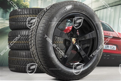 18" "Macan" koła zimowe komplet, felgi 8J x 18 ET21 + 9J x 18 ET21 + opony zimowe Pirelli 235/60 ZR 18 + 255/55 ZR 18, z czujnikami ciśninia, czarny wysoki połysk