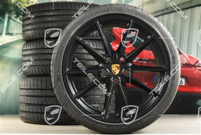 20"+21" Sommerräder Satz Carrera S, Felgen 8,5J x 20 ET53 + 11,5J x 21 ET67 + NEUE Goodyear Sommerreifen 245/35 R20 + 305/30 R21, mit RDK-Sensoren, schwarz seidenmatt
