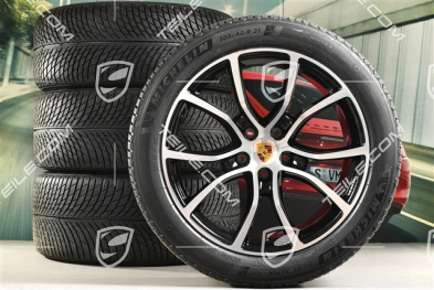 21" koła zimowe Cayenne Exclusive Design, komplet, felgi 9,5J x 21 ET46 + 11,0J x 21 ET58 + NOWE opony zimowe Michelin 285/45 R21 + 305/40 R21, z czujnikami ciśnienia, czarny perłowy Jet Black metalik