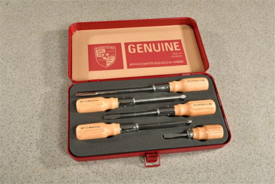 Porsche Classic screwdriver tool kit set in steel case, wood, 5 parts